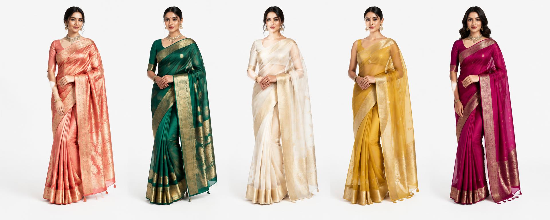 Five women presenting sarees in coral, green, ivory, gold, and magenta